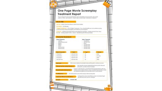 One Page Movie Screenplay Treatment Report PDF Document PPT Template