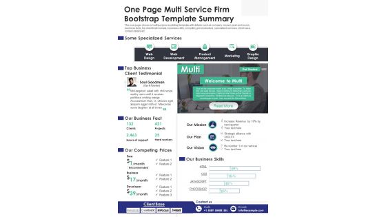 One Page Multi Service Firm Bootstrap Template Summary PDF Document PPT Template