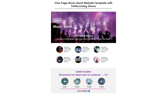 One Page Music Band Website Template With Forthcoming Shows PDF Document PPT Template