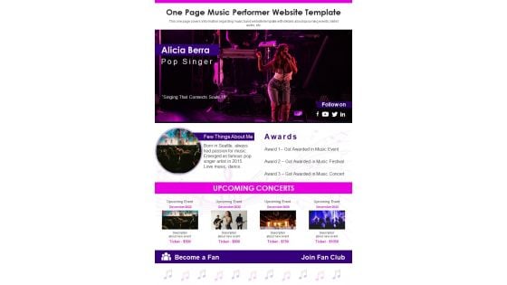 One Page Music Performer Website Template PDF Document PPT Template