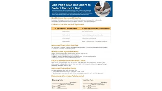 One Page NDA Document To Protect Financial Data PDF Document PPT Template