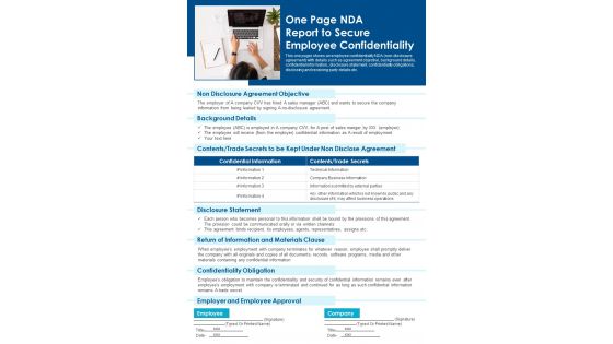 One Page NDA Report To Secure Employee Confidentiality PDF Document PPT Template