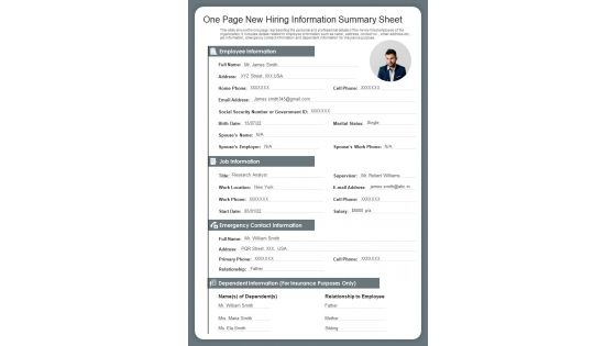 One Page New Hiring Information Summary Sheet PDF Document PPT Template