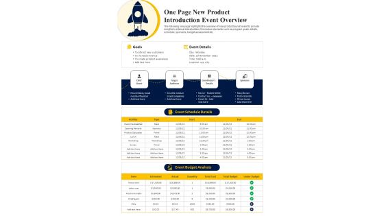 One Page New Product Introduction Event Overview PDF Document PPT Template