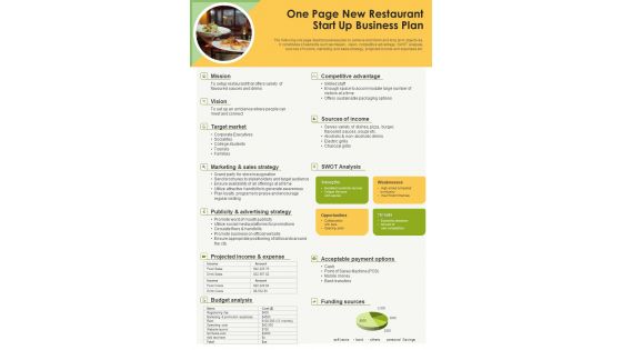 One Page New Restaurant Start Up Business Plan PDF Document PPT Template