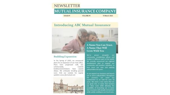 One Page Newsletter For Co Operative Insurance Enterprise PDF Document PPT Template