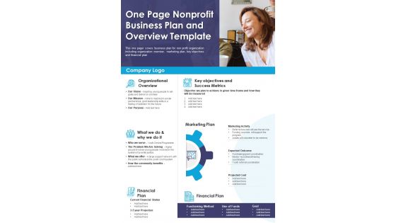 One Page Nonprofit Business Plan And Overview Template PDF Document PPT Template
