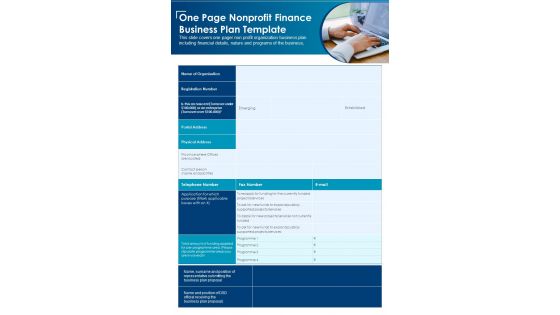 One Page Nonprofit Financial Business Plan Template PDF Document PPT Template