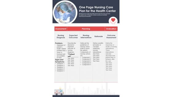 One Page Nursing Care Plan For The Health Center PDF Document PPT Template