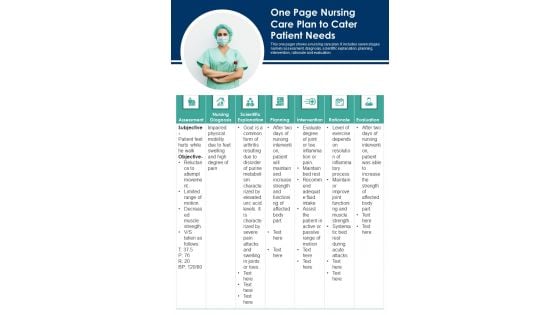 One Page Nursing Care Plan To Cater Patient Needs PDF Document PPT Template