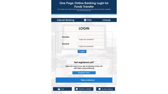 One Page Online Banking Login For Funds Transfer PDF Document PPT Template