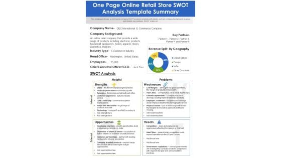 One Page Online Retail Store SWOT Analysis Template Summary PDF Document PPT Template