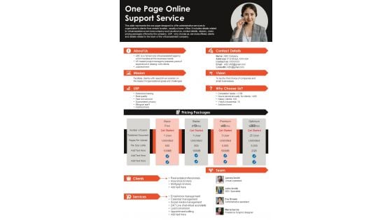 One Page Online Support Service PDF Document PPT Template