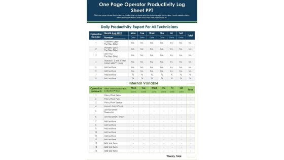 One Page Operator Productivity Log Sheet PPT PDF Document PPT Template