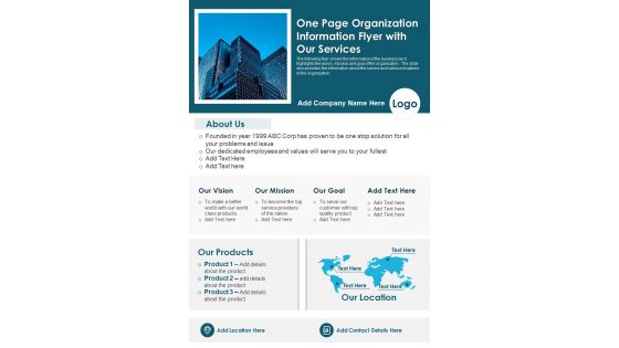 One Page Organization Information Flyer With Our Services PDF Document PPT Template