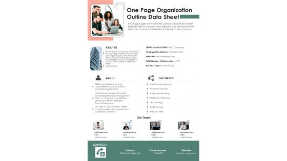 One Page Organization Outline Data Sheet PDF Document PPT Template