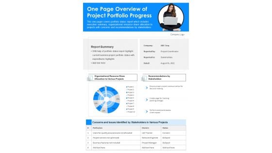 One Page Overview Of Project Portfolio Progress PDF Document PPT Template