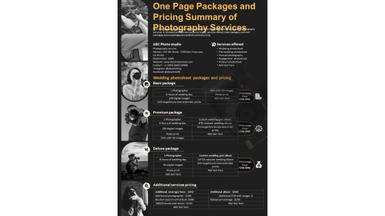 One Page Packages And Pricing Summary Of Photography Services PDF Document PPT Template