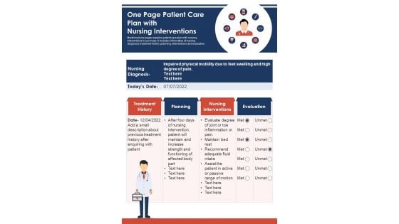 One Page Patient Care Plan With Nursing Interventions PDF Document PPT Template