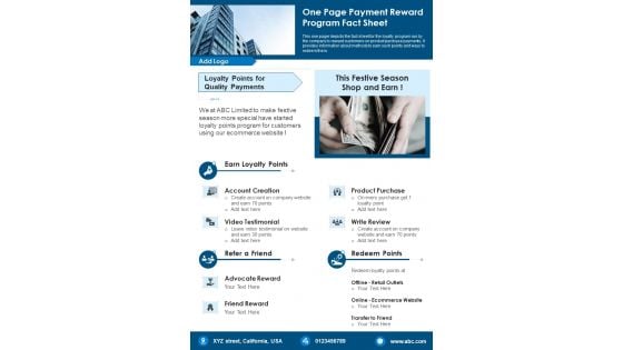 One Page Payment Reward Program Fact Sheet PDF Document PPT Template