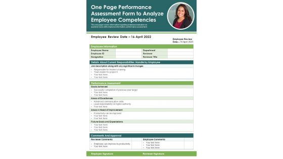 One Page Performance Assessment Form To Analyze Employee Competencies PDF Document PPT Template