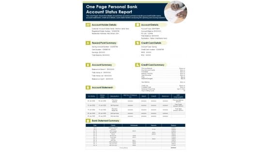 One Page Personal Bank Account Status Report PDF Document PPT Template