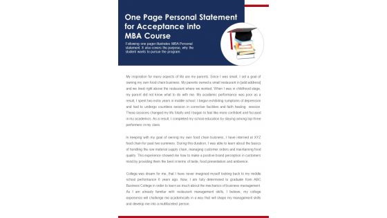 One Page Personal Statement For Acceptance Into MBA Course PDF Document PPT Template