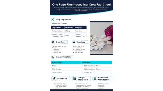 One Page Pharmaceutical Drug Fact Sheet PDF Document PPT Template