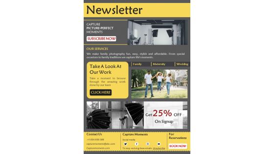 One Page Photography Services Promotional Email Newsletter PDF Document PPT Template One Page Photography Services Promotional Email Newsletter PDF Document PPT Template