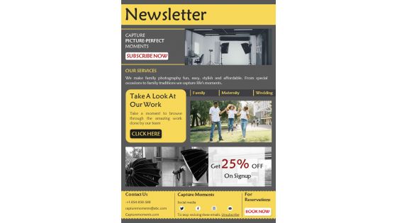 One Page Photography Services Promotional Email Newsletter PDF Document PPT Template