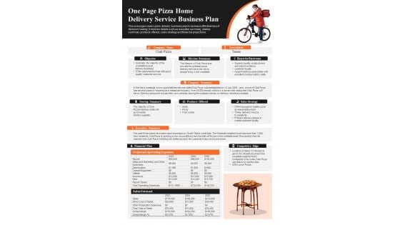 One Page Pizza Home Delivery Service Business Plan PDF Document PPT Template