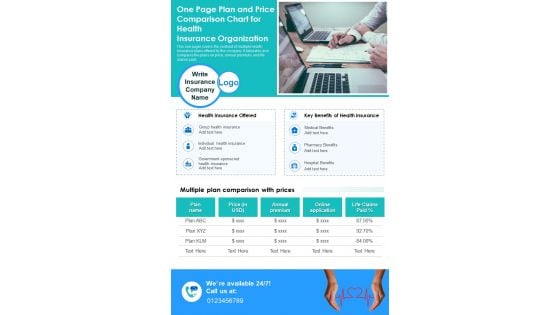 One Page Plan And Price Comparison Chart For Health Insurance Organization PDF Document PPT Template