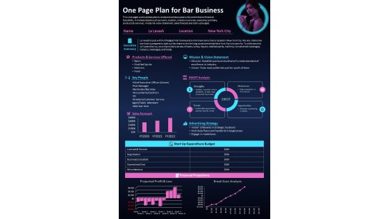 One Page Plan For Bar Business PDF Document PPT Template