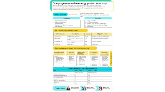 One Page Plan For Energy Venture PDF Document PPT Template