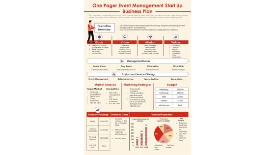 One Page Plan For Event Management Startup PDF Document PPT Template