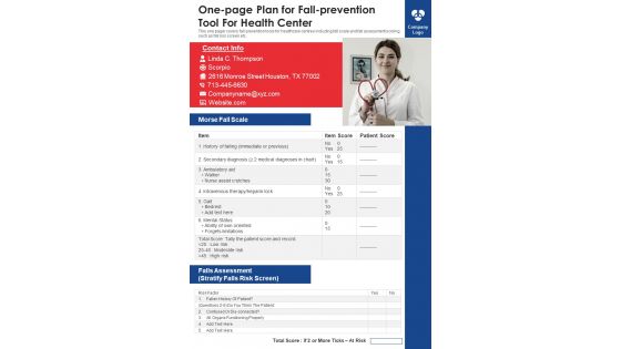 One Page Plan For Fall Prevention Tool For Health Center PDF Document PPT Template