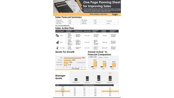 One Page Planning Sheet For Improving Sales PDF Document PPT Template