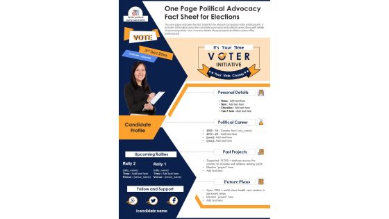 One Page Political Advocacy Fact Sheet For Elections PDF Document PPT Template