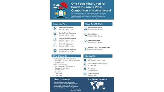 One Page Price Chart For Health Insurance Plans Comparison And Assessment PDF Document PPT Template