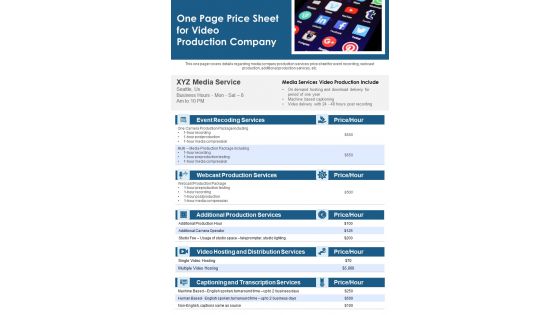 One Page Price Sheet For Video Production Company PDF Document PPT Template PDF Document PPT Template