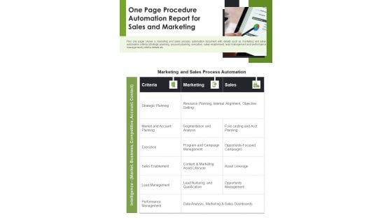 One Page Procedure Automation Report For Sales And Marketing PDF Document PPT Template