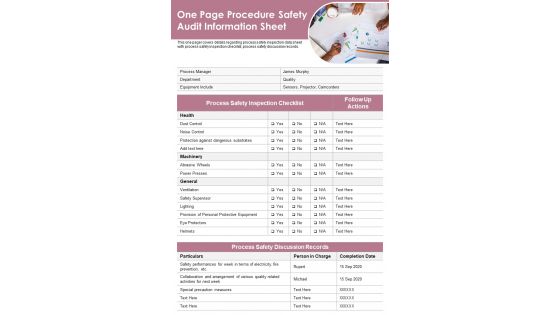One Page Procedure Safety Audit Information Sheet PDF Document PPT Template