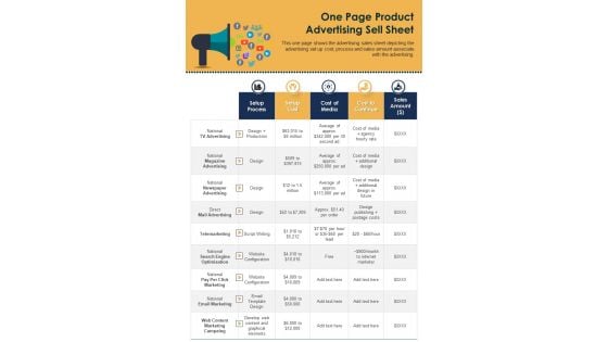 One Page Product Advertising Sell Sheet PDF Document PPT Template