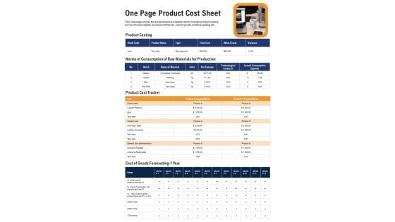 One Page Product Cost Sheet PDF Document PPT Template