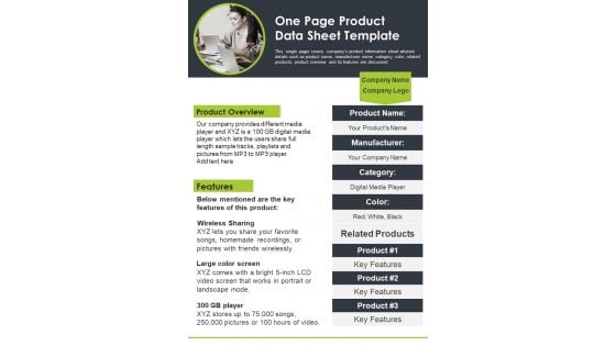 One Page Product Data Sheet Template PDF Document PPT Template