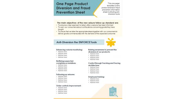 One Page Product Diversion And Fraud Prevention Sheet PDF Document PPT Template