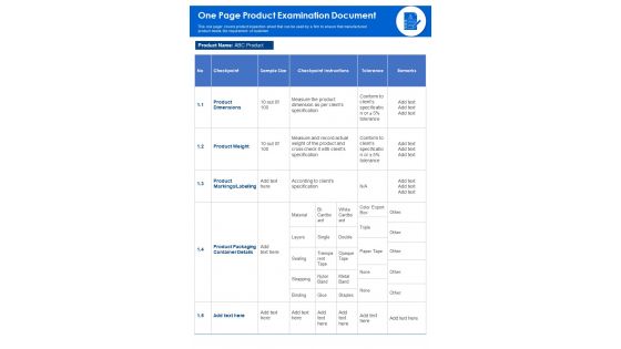 One Page Product Examination Document PDF Document PPT Template