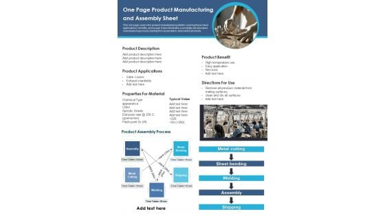 One Page Product Manufacturing And Assembly Sheet PDF Document PPT Template