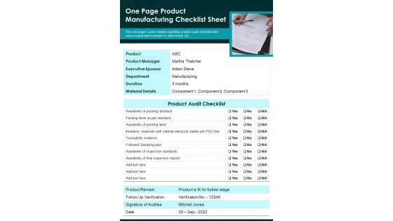 One Page Product Manufacturing Checklist Sheet PDF Document PPT Template