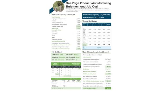 One Page Product Manufacturing Statement And Job Cost PDF Document PPT Template